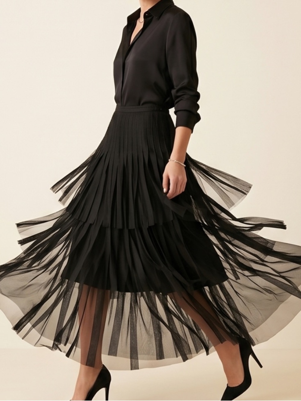 Chic Black Asymmetrical Pleated Layered Midi Skirt